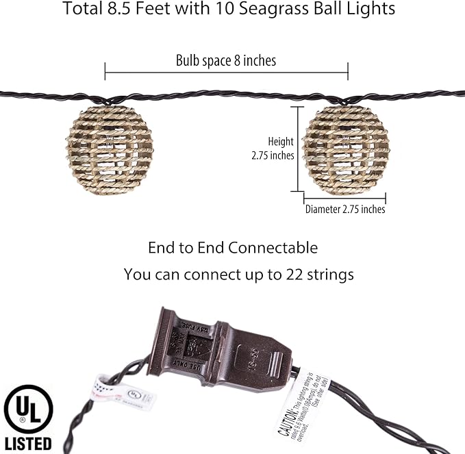 Decorative Outdoor Patio String Lights, Seagrass Rattan Wire Ball Style Lantern - Image 3