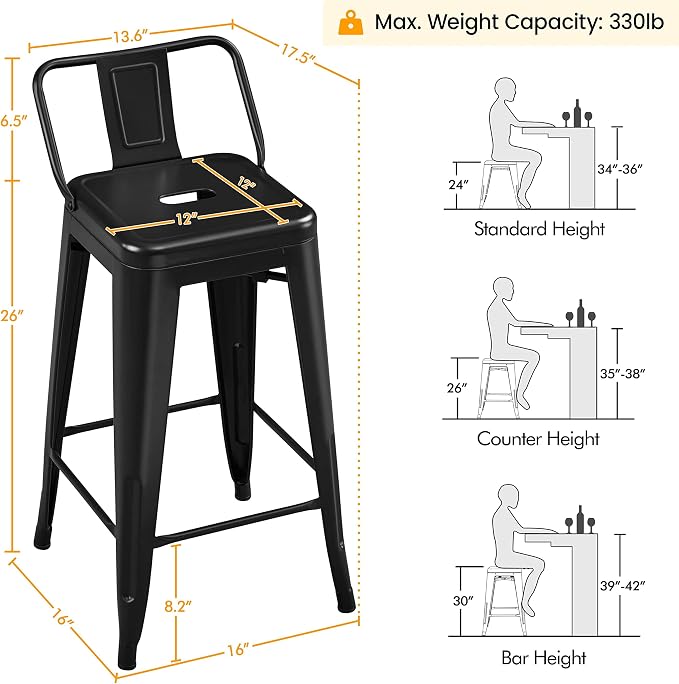 Yaheetech Bar Stools Set of 4, Metal Counter Height Chairs, 26 Inch Industrial - Image 3