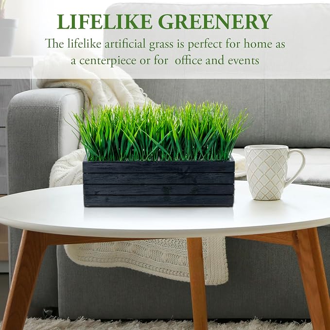 MyGift 14 Inch Artificial Green Grass Plant in Vintage Black Wood Planter - Image 3