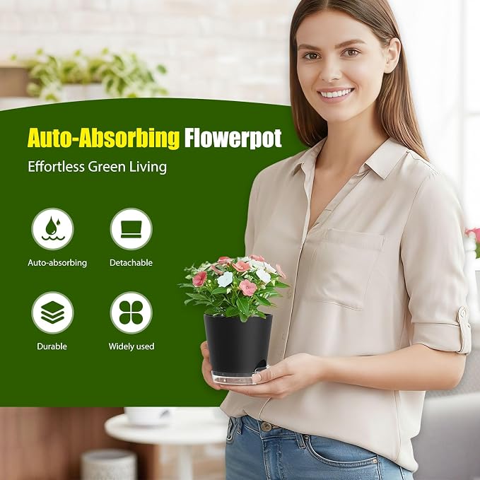 Plant Pots 5 Inch Self Watering Pots, 6 Pack Plastic Planters - Image 2