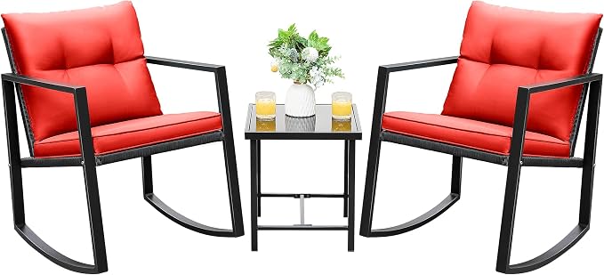 Devoko 3 Piece Rocking Bistro Set Wicker Patio Outdoor Furniture Porch Chairs by DEVOKO