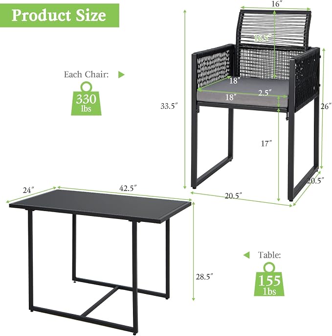 Tangkula 3 Pieces Outdoor Dining Set, Patio PE Rattan Furniture Set - Image 4