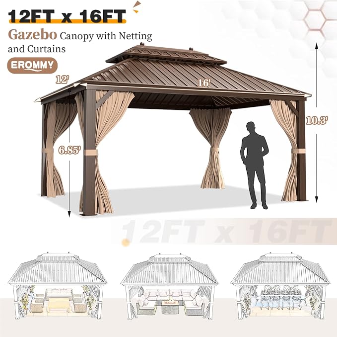 EROMMY 12'x16' Hardtop Gazebo Galvanized Steel Outdoor Aluminum Double Roof - Image 2