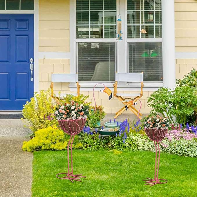 hogardeck Garden Decor for Outside, Metal Standing Flamingo Plant Pots Yard Art - Image 2