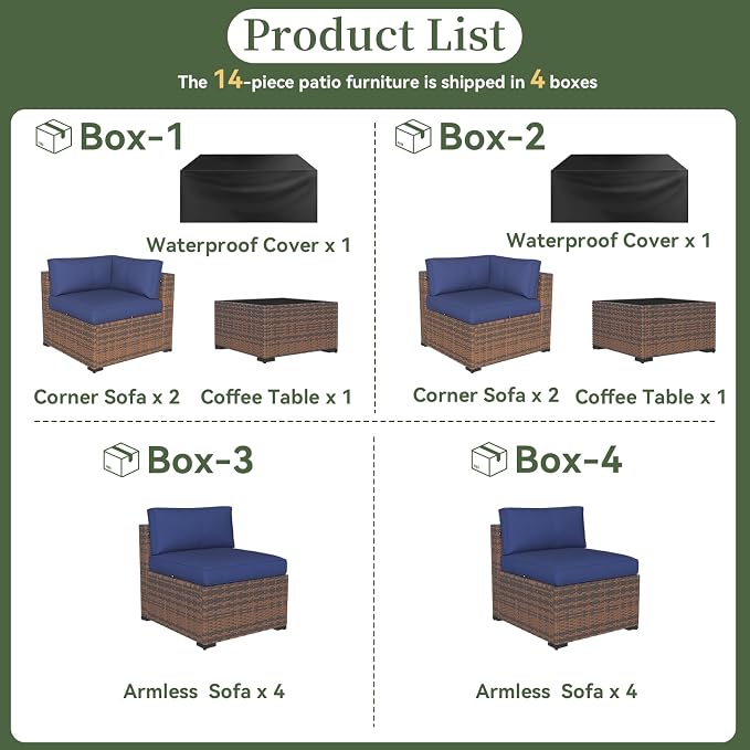 Aoxun 14 Piece Patio Furniture Set Wicker Rattan Patio Conversation Set Outdoor - Image 6