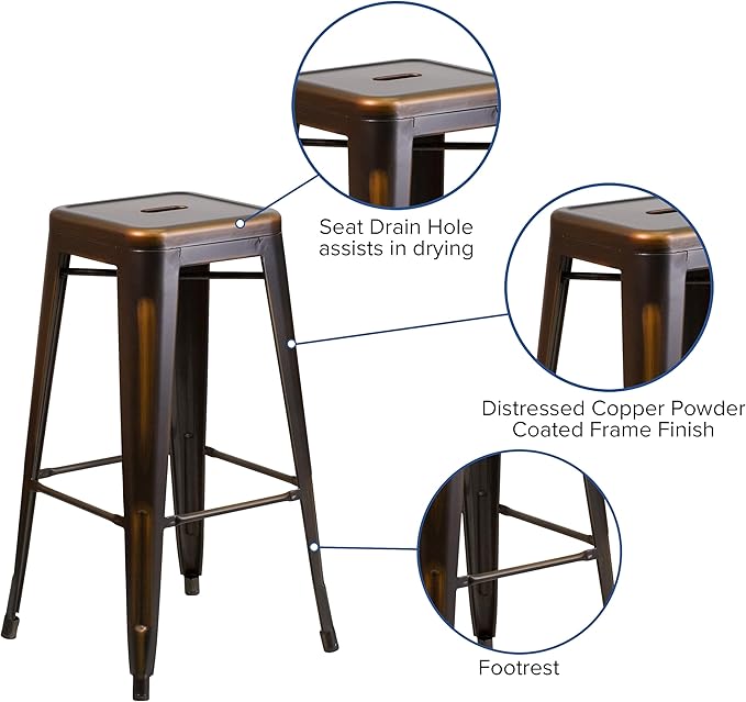 Flash Furniture Kai Commercial Grade 30" High Backless Distressed Copper Metal - Image 4