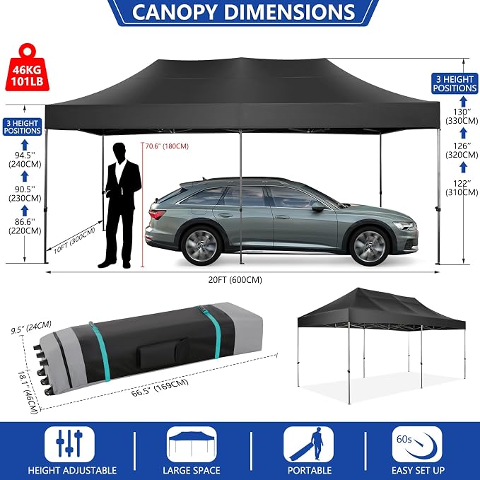 COBIZI 10x20 Pop up Canopy Tent Heavy Duty Without Sidewalls, Easy Set-up - Image 3