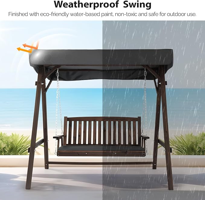 VINGLI Porch Swing with Stand, Wooden Swing & Stand with Canopy, Hanging Swing - Image 4