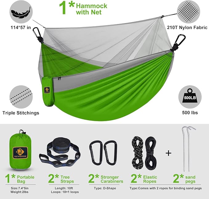 Camping Hammock with Net, Travel Portable Lightweight Hammocks with Tree Straps - Image 6