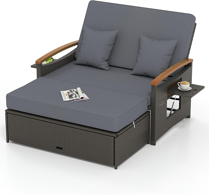 COSTWAY Patio Rattan Daybed, Outdoor Loveseat Sofa by COSTWAY