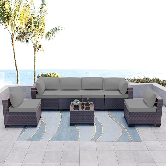 Kullavik 7 Pieces Outdoor Patio Furniture Set, Sectional Rattan Sofa Set Brown - Image 7