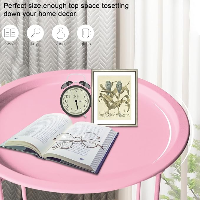 Garden 4 you End Table 2 PCS Metal Side Table Pink Round Folding Tray Cyan Sofa - Image 8