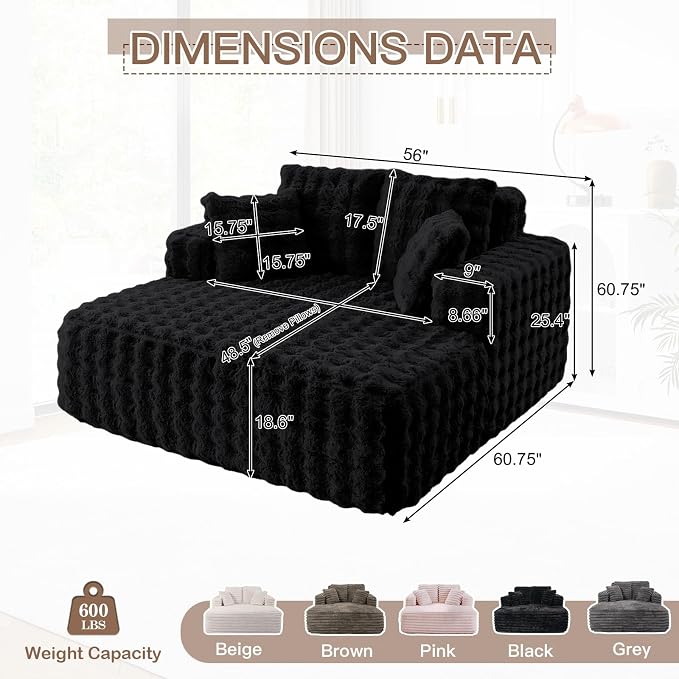 56" W Oversized Chaise Lounge Chair Indoor, Plush Faux Fur Sleeper Couch Sofa - Image 2