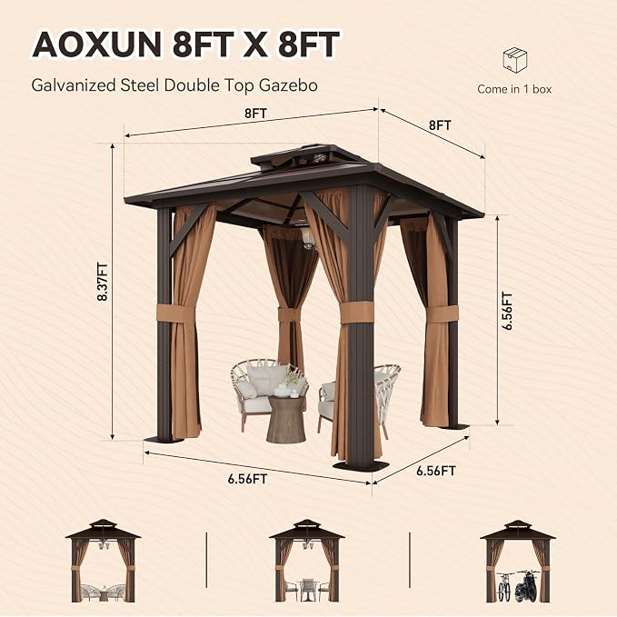 Aoxun 8'x8' Hardtop Gazebo, Aluminum Frame Permanent Pavilion - Image 3