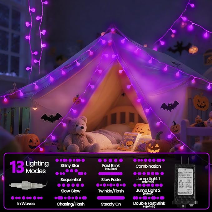 LORRYTE Connectable Purple Halloween Lights Outdoor Indoor - 43FT 100LED Globe - Image 4