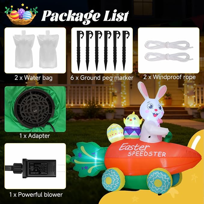 Inflatable Easter Bunny with Carrot Car and Easter Eggs, 6FT Easter Inflatables - Image 5