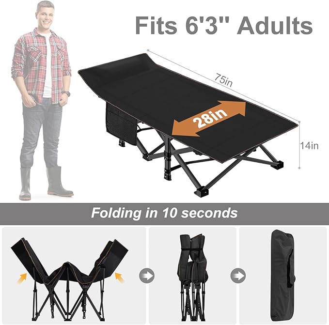 ABORON Camping Cot for Adult 28" Extra Wide, 2PK Heavy-Duty 1200D Oxford Cot - Image 5