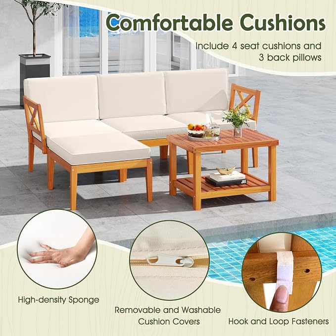 Tangkula L Shaped Outdoor Furniture Set, 5 Pieces Acacia Wood Patio - Image 6