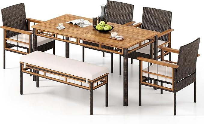 Tangkula 6 Pieces Patio Dining Table Set, Outdoor Rectangular Acacia Wood Table by TANGKULA