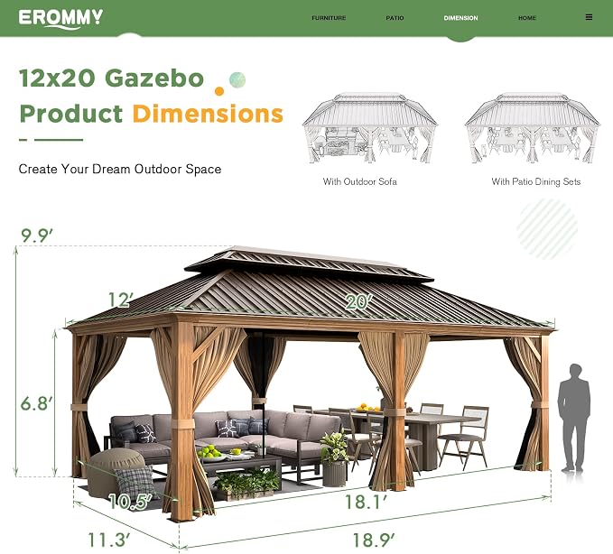 EROMMY 12'x20' Gazebo, Galvanized Steel Double Roof - Image 4