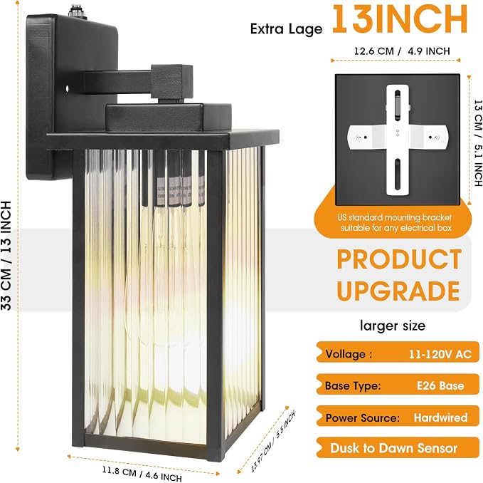 13 Inch Matte Black Outdoor Wall Light, Dusk to Dawn Waterproof Exterior Light - Image 2