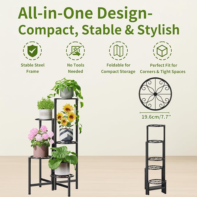 Plant Stand Indoor Outdoor, 5 Tier Corner Metal Flower Display Holder Stand - Image 5