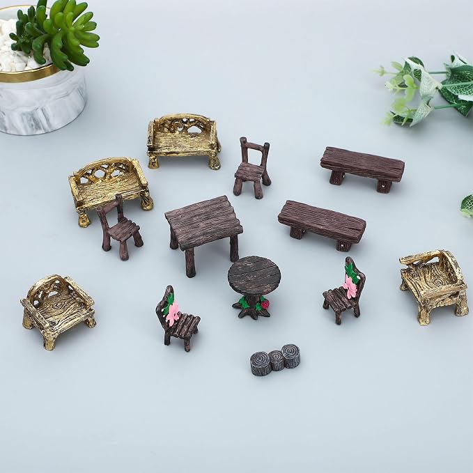 ONEST 14 Pieces Garden Miniature Accessories Mini Table and Chairs Village - Image 3