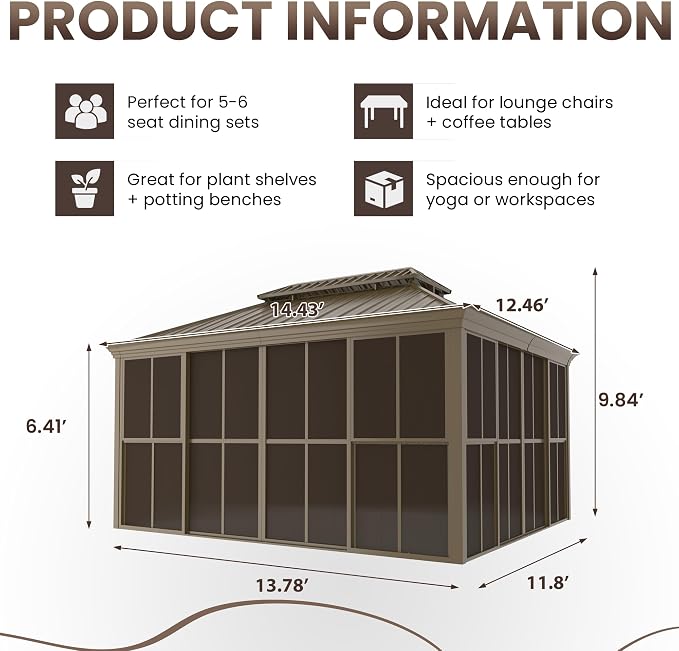 EROMMY 12' X 14' Hardtop Sunroom, Galvanized Steel Double Roof Gazebo Solarium - Image 2