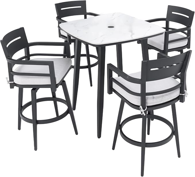 Modern 5PCS Outdoor Patio Bar Set, Rounded Square Sintered Stone Table & 4 by Unknown