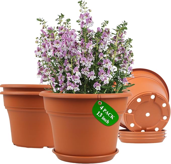 13 Inch Plastic-Flower-Pot-for-Indoor-Plants, 4 Pack Large Outdoor Planter Pot by Pottiffe
