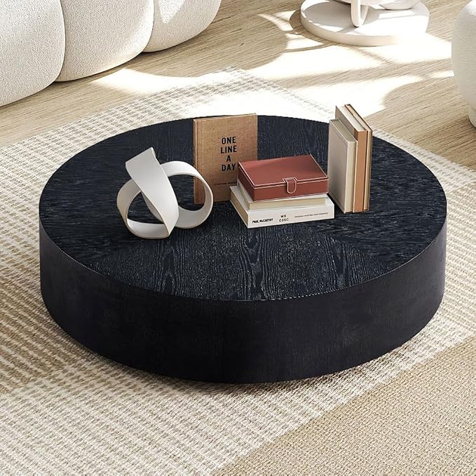 Black Round Coffee Table for Living Room Modern Drum Coffee Table Wood Circle by JURMALYN