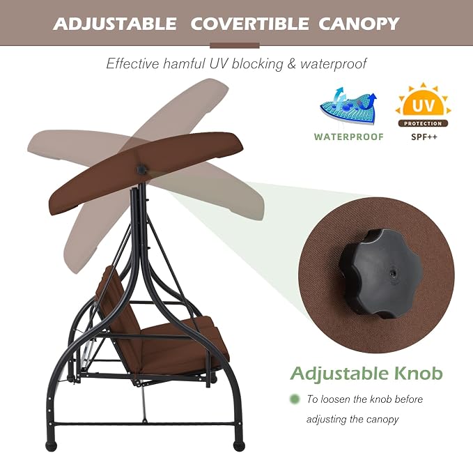 AECOJOY Porch Swing Chair, 3 Seats Porch Swing Adjustable Backrest & Canopy - Image 3
