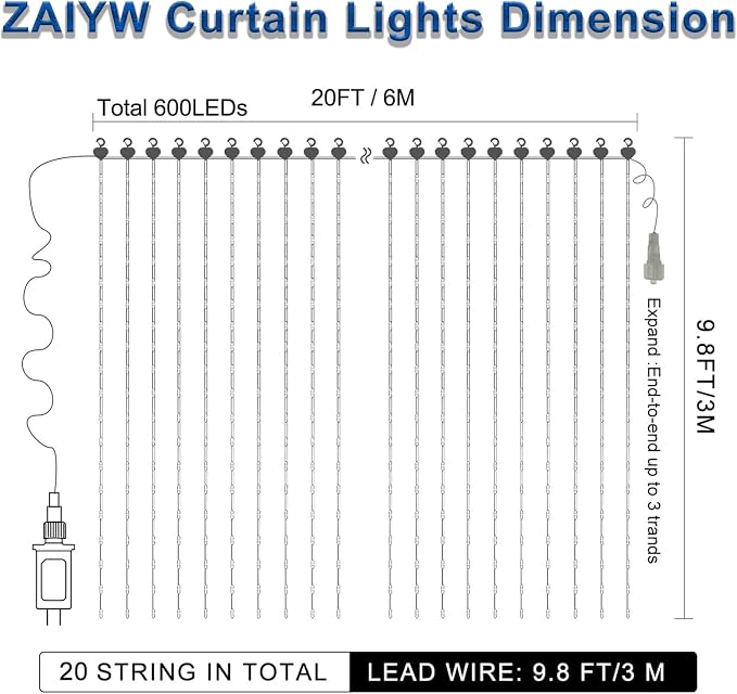 ZAIYW Dual Color Curtain Lights 20ftx10ft 600 LED Christmas Curtain Lights - Image 7