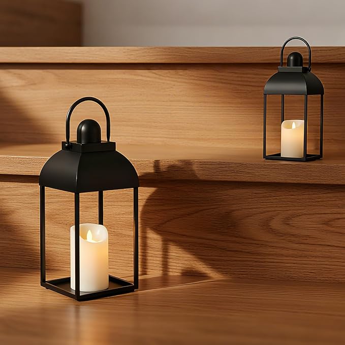 Lanterns Decorative Indoor Outdoor 15" 11" Set of 2 Lantern Decor Black Metal - Image 7