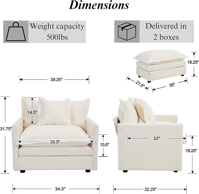 Oversized Chair with Ottoman Upholstered Comfy Single Sofa Chaise Lounge Chair - Image 2