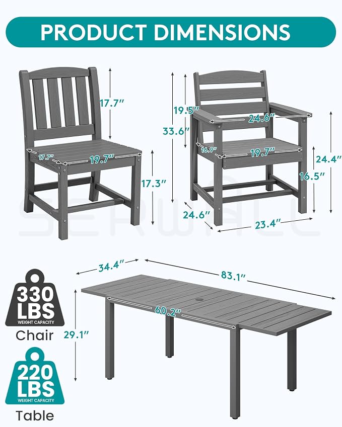 SERWALL 9-Piece Outdoor Dining Set, All Weather HDPE Outdoor Furniture Set - Image 2