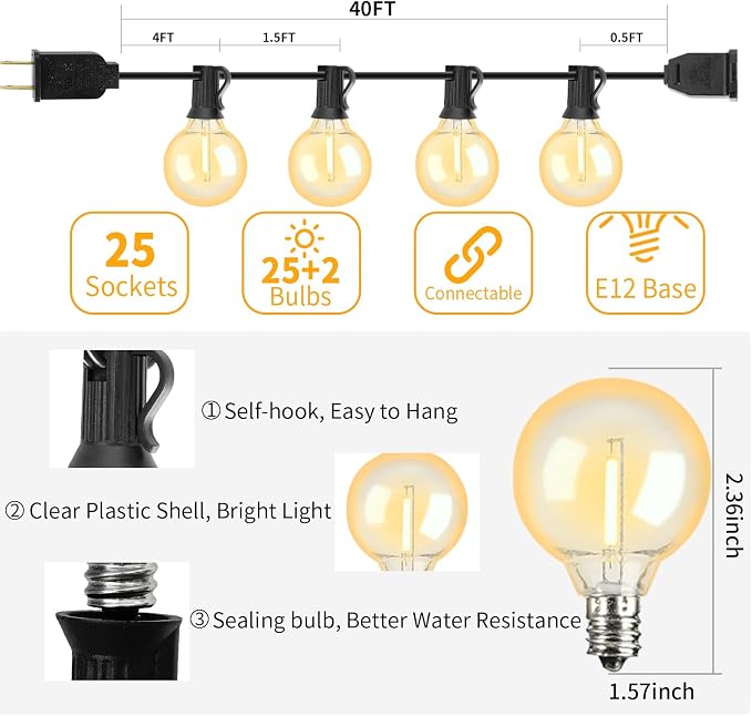 40FT LED Outdoor String Lights Waterproof, G40 LED Globe Outdoor Lights - Image 5