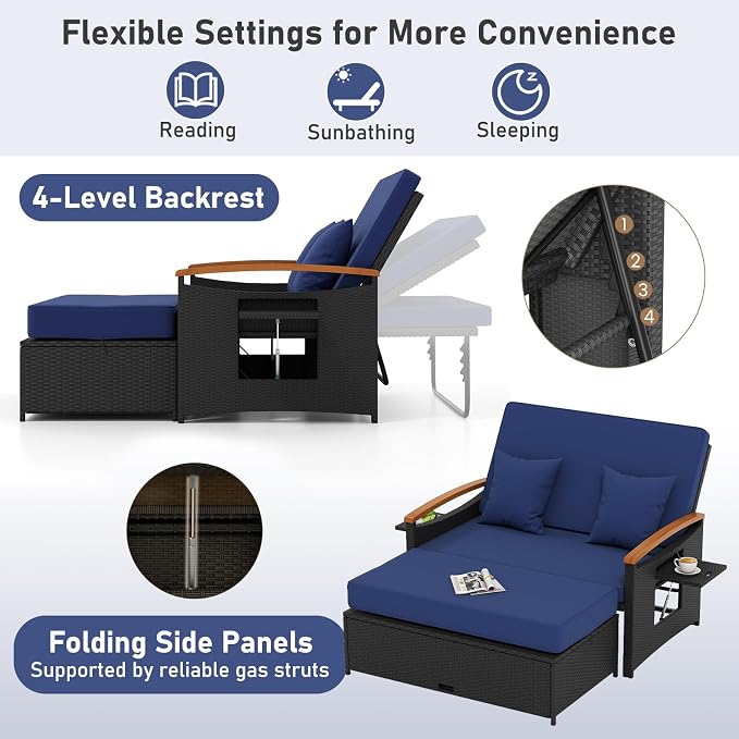 Moccha Outdoor Wicker Daybed, Patio Rattan Loveseat Sofa w/ 4-Level Adjustable - Image 2