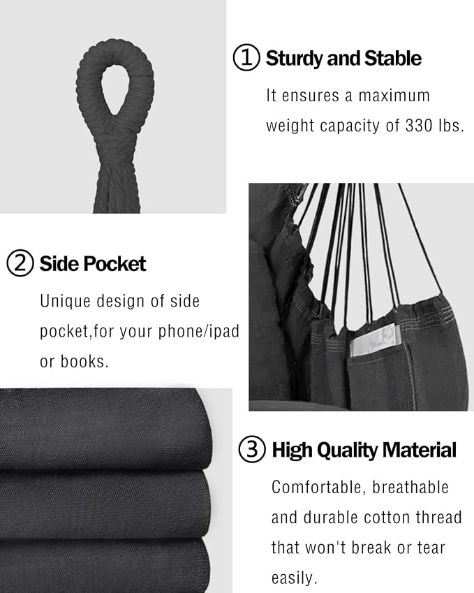 Halalona Hammock Chair Hanging Hammock Chair Rope Swing 2 Cushions - Image 4