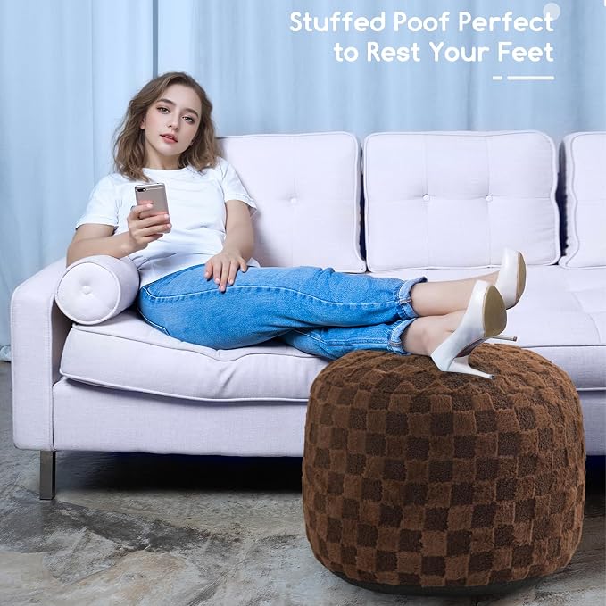 HIGOGOGO Round Stuffed Pouf Ottoman, Plaid Poufs - Image 6