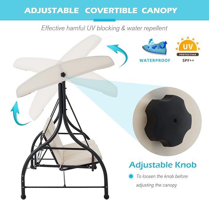 AECOJOY Porch Swing Chair, 3 Seats Porch Swing Adjustable Canopy Outdoor Swing - Image 2