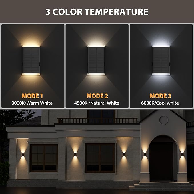 Solar Wall Light Outdoor, 3000/4000/6000K 3 Modes Dusk to Dawn Lighting Wall - Image 3