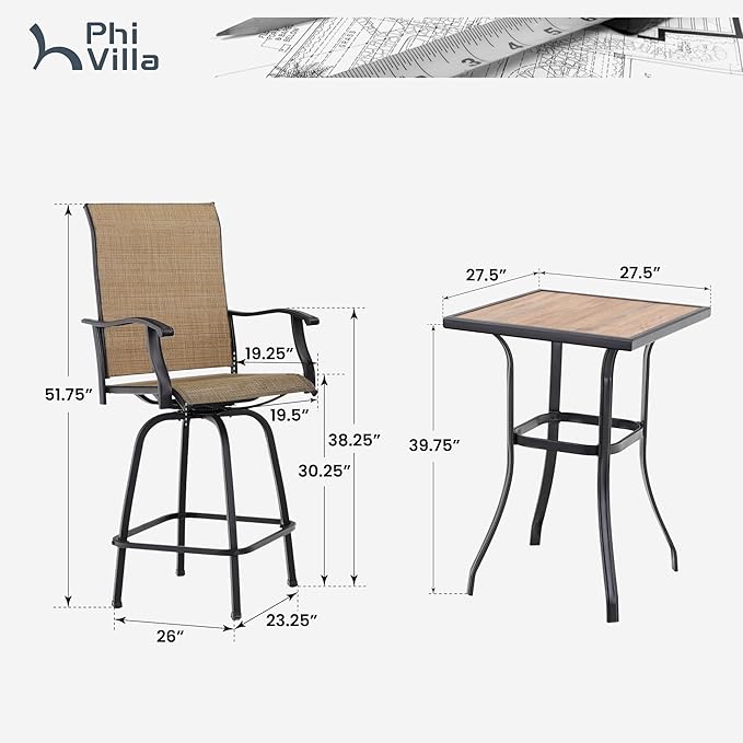 PHI VILLA Outdoor Bar Set for 6, High Top Patio Table and Chairs - Image 7