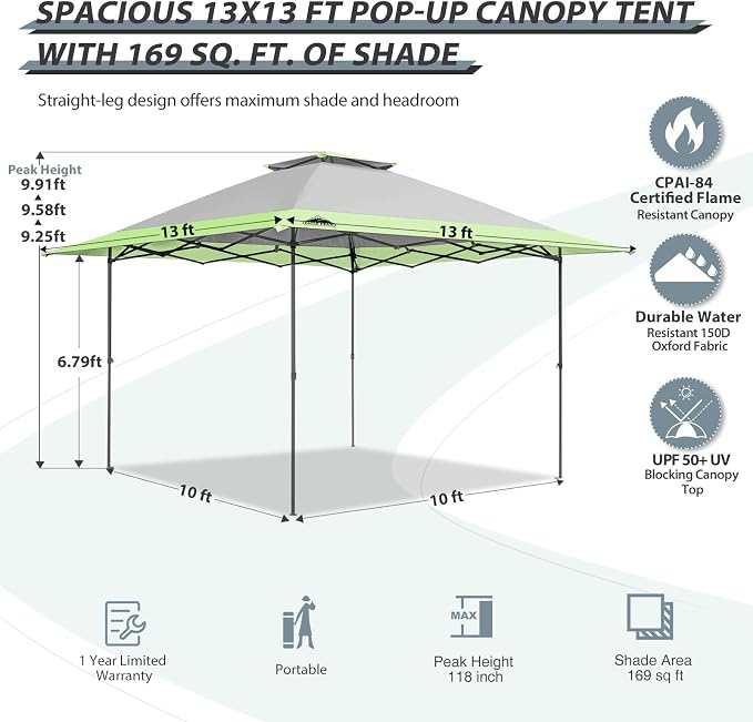 EAGLE PEAK 13x13 Straight Leg Pop Up Canopy Tent Instant Outdoor Canopy Easy - Image 3