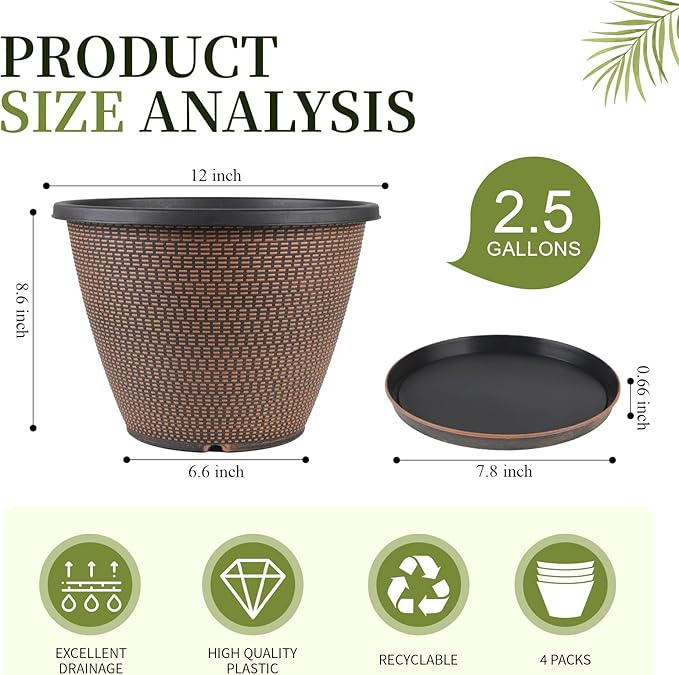 12 inch Pots for Plants, 4 Pack Large Outdoor Planter Pot - Image 2