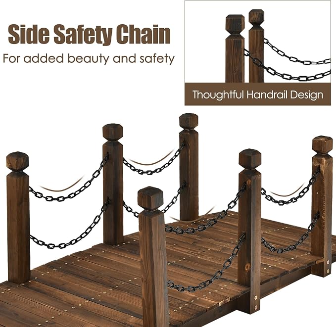 Tangkula 5 FT Wooden Garden Bridge, Arc Footbridge w/Safe Chain Railings - Image 4