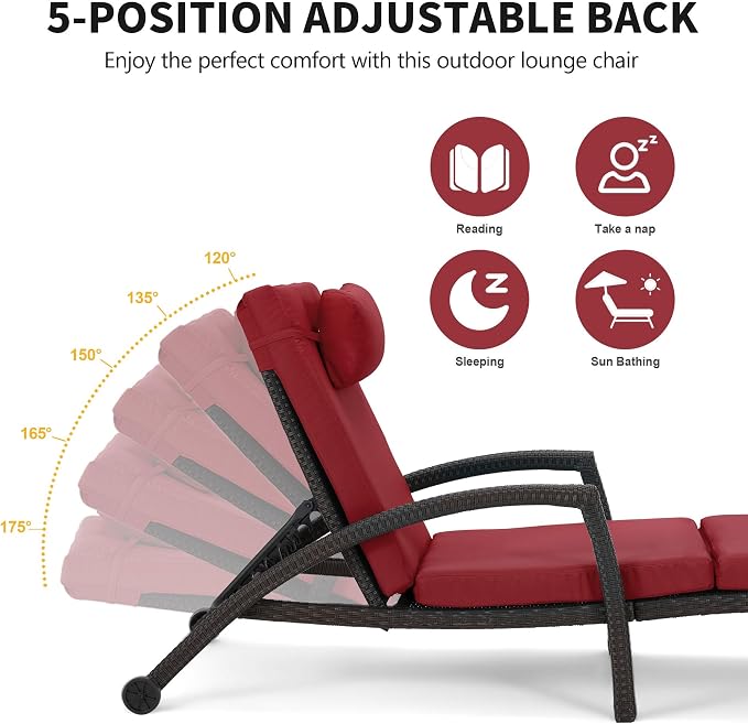 HOMREST Chaise Lounge Chairs Set of 2, PE Rattan Wicker Patio Lounge Chair - Image 5