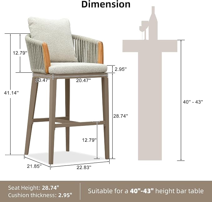 PURPLE LEAF Outdoor Bar Height Stools Set of 2, Modern Patio Bar Stool - Image 3