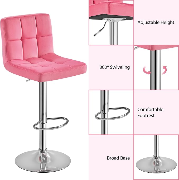 Yaheetech Pink Bar Stools Set of 2, Adjustable Velvet Barstools, Modern Counter - Image 7