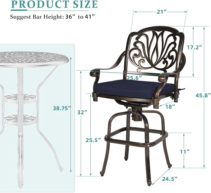 MEETWARM 2 Piece Patio Swivel Bar Chairs, All Weather Cast Aluminum High Swivel - Image 3